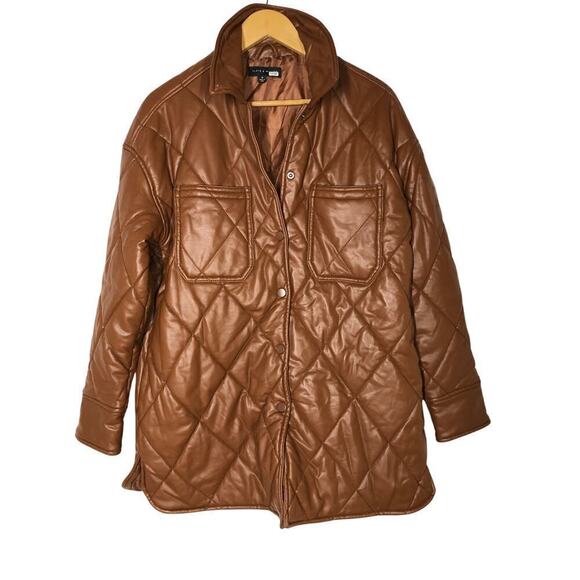 Slate & Willow Quilted Jacket Faux Leather Shacket Brown M - Picture 7 of 12